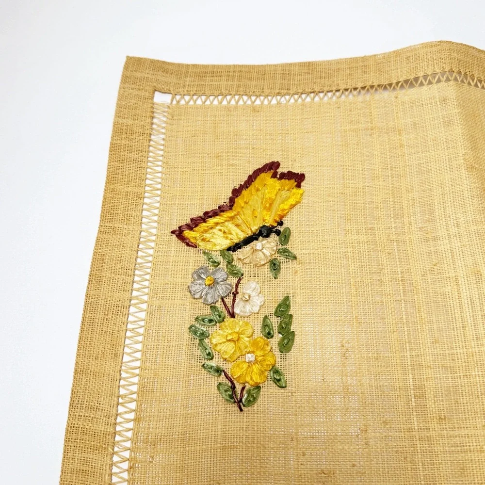 Vintage Woven Straw Embroidered Butterly Placemats